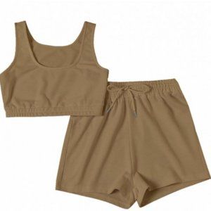 High Waist LaceUp Fashion Casual Shorts Vest Suit Medium Womens Sports Bra Khaki